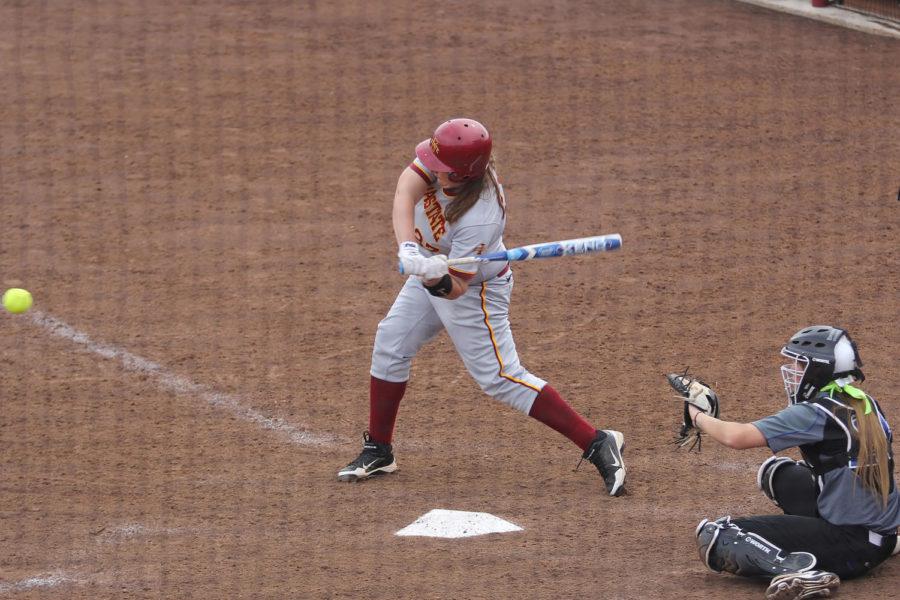 Cyclone infielder Aly Cappaert prepares to swing and hit the ball during the game against University of Missouri-Kansas City on April 29, 2013. The Cyclones were victorious with a final score of 7-4. Cappaert finished with two home runs.
