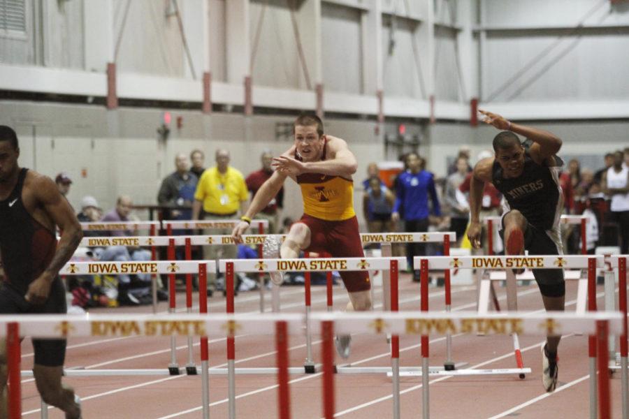 Nick Efkamp competes in the mens final 60-meter hurdles in the
ISU Open on Saturday, Jan. 21, at Lied Recreation Athletic Center.
Efkamp finished last with a time of 8.78.
