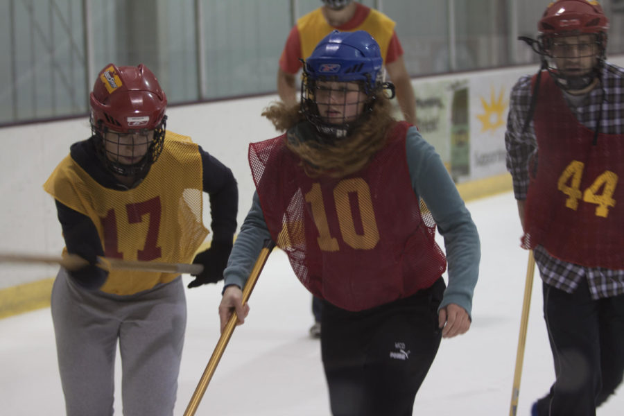 Iowa State students participate during the final night of summer intramural Broomball at ISU/Ames Ice Arena, July 18. Photo: Adam Ring/Iowa State Daily
