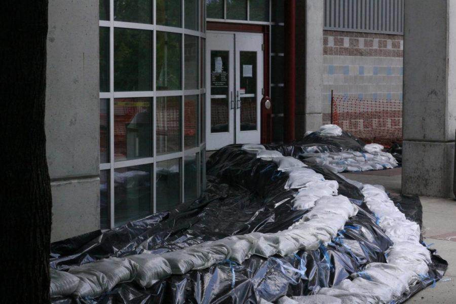 Sand bags in front of Lied. Iowa State officials began sandbagging and putting up flood gates around campus during the last week of May.
