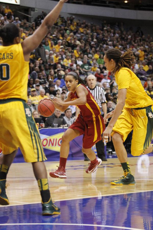 Iowa States Nikki Moody drives through Baylors defense en route to the basket against the Baylor Lady Bears on March 11, 2013.

