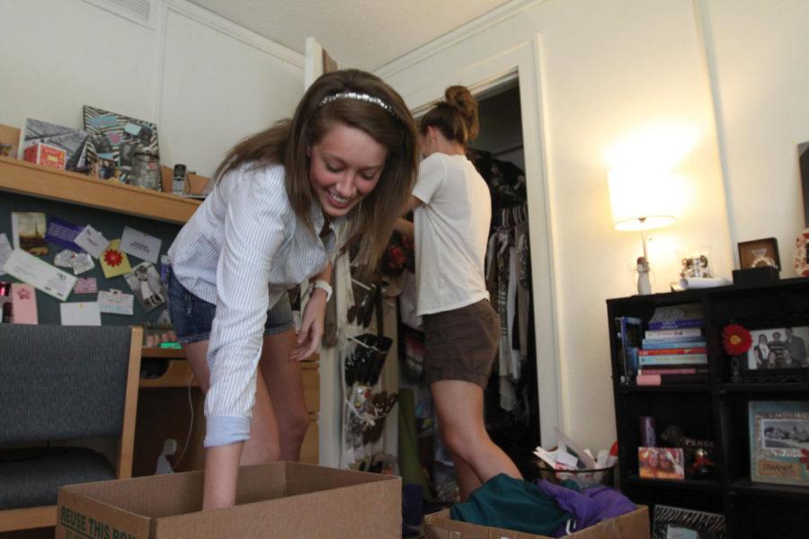 Caitlyn Schulz, junior in psychology, and Charlotte Rice, senior in supply chain management, pack things to get ready to move out of the Alpha Delta Pi sorority house after this academic year Tuesday, April 24.
