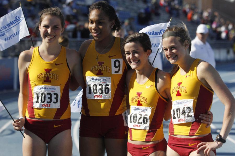 Freshman+Crystal+Nelson%2C+senior+Ejiro+Okoro%2C+redshirt+sophomore+Margaret+Gannon%2C+and+redshirt+senior+Dani+Stack+prepare+for+their+victory+lap+after+winning+the+4x1%2C600+relay+on+April+25%2C+2013+at+Drake+Stadium+during+the+Drake+Relays.+Okoro+anchored+the+relay+and+helped+the+group+win+with+a+time+of+19%3A16.69.%0A