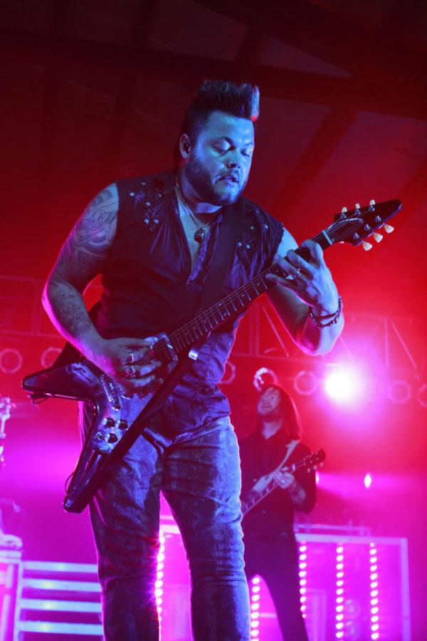 Lead guitarist Joe Garvey of Hinder plays onstage at Val Air Ballroom in Des Moines on Sunday, June 16. The band is currently on tour in support of their new album, entitled Welcome to the Freakshow.
