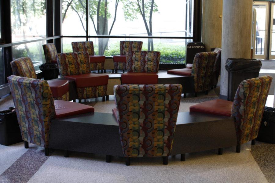 A seating area located near the front doors of Parks Library. The chairs in this area were a source of contention back in 2012, when the decision was made to replace the chairs after the Government of the Student Body voted against doing so. The funding came from the ISU Foundations annual Call-A-Thon.