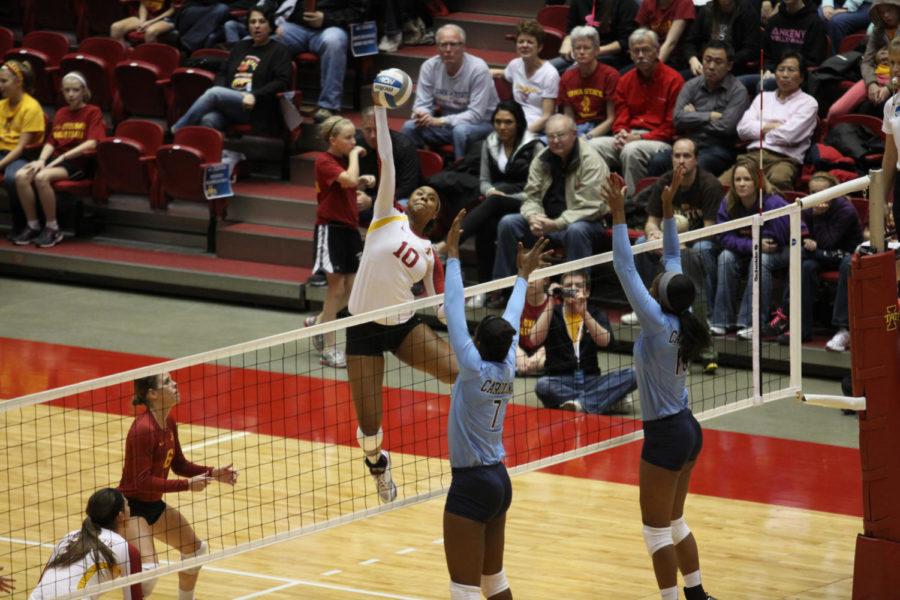 Victoria Hurtt spikes the ball against the NC Tarheels on Nov. 30, 2012 at Hilton Coliseum. The Cyclones won 3 set to 2.
