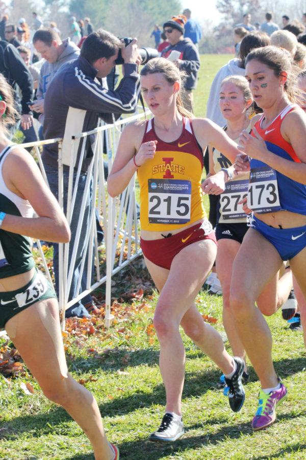 ISU+cross-country+runner+Katy+Moen+makes+her+way+down+a+slope+during+the+6K+run+during+the+NCAA+Cross-Country+National+Championships+on+Nov.+17+at+E.P.+Tom+Sawyer+Park.+Moen+would+finish+139th+out+of+the+253+total+runners.+The+ISU+team+placed+11th+as+a+team.%0A
