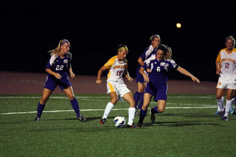 ISU junior forward Hayley Womack maneuvers inside Western Illinoiss 18 yard box during Iowa States 2-0 victory on Aug. 27, at the Cyclone Sports Complex.