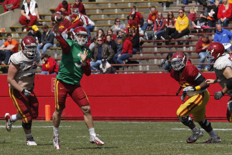 Freshman Grant Rohach throws the ball in the spring game on April 20, 2013, at Jack Trice Stadium.