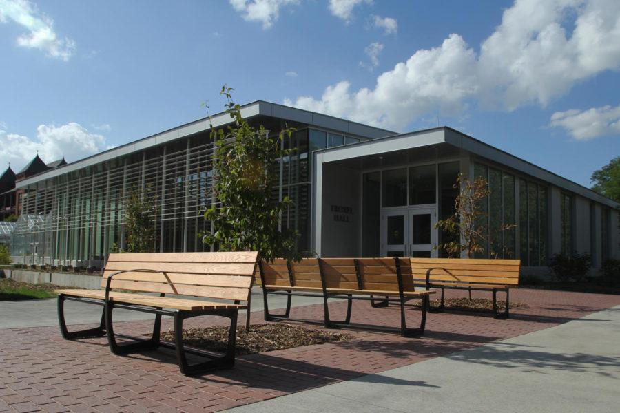A community bench area sits outside the newly opened Troxel Hall. Seven ISU students started work on the bench area during the spring semester and continued working through the summer. The goal was to create an area everyone could use. 