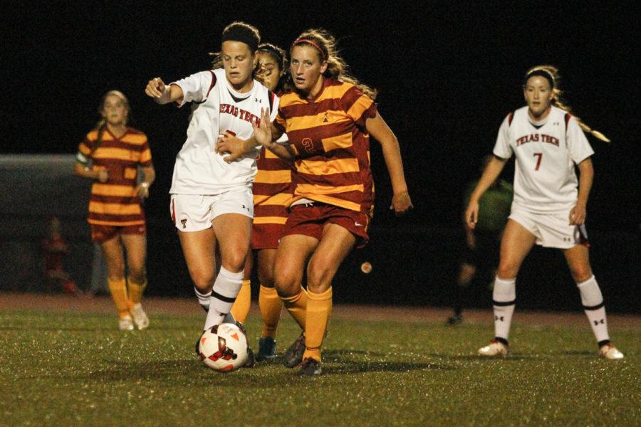 No. 2 freshman forward Koree Willer fights for possession during Iowa States 2-1 loss to Texas Tech on Sept. 27 at the Cyclone Sports Complex.