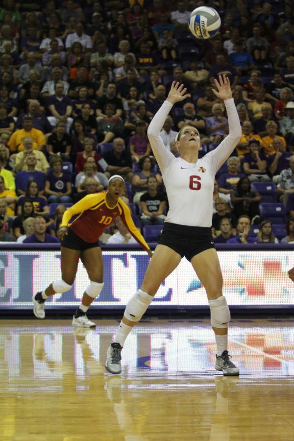 Senior libero Kristen Hahn back sets the ball during the game against Northern Iowa on Wednesday, Sept. 4, in Cedar Falls. Hahn had a team leading 34 digs for the Cyclones, who had a 3-2 victory, putting their record at 4-0 on the season.