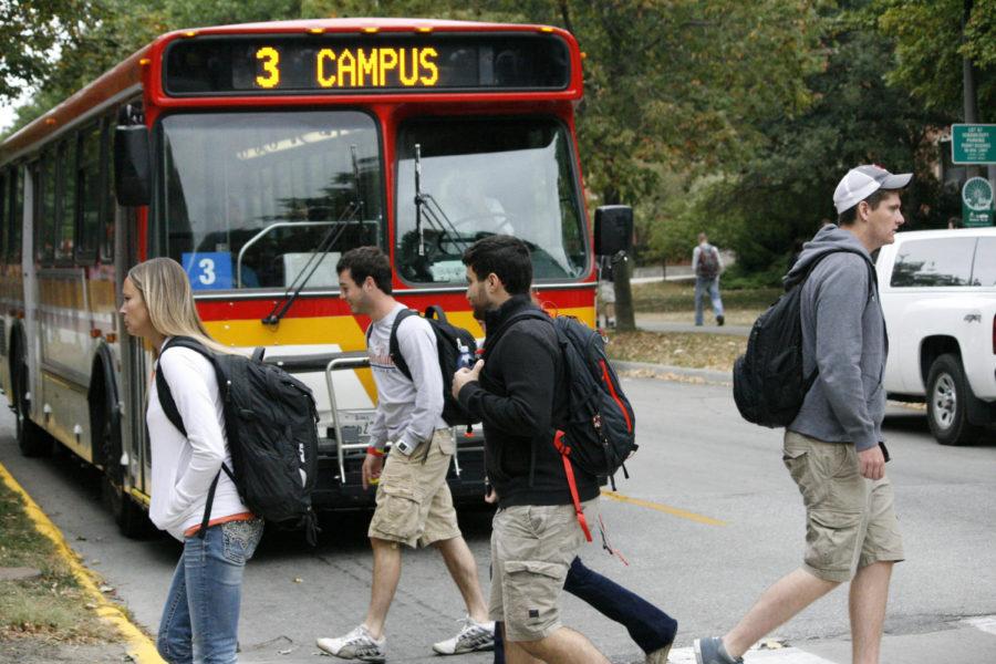 With more students on campus than ever before, it is especially important to be conscious of traffic when making your way through campus. Students cross Osbourne Drive in front of a CyRide bus on Monday, Sept. 16.
