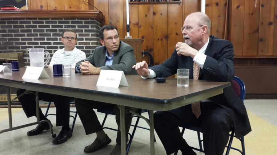 Candidates for the Ames School Board answered questions during an open forum at the Collegiate United Methodist Church and Wesley Foundation on Sept. 8, 2013. Pictured from left to right are Mike Espeset, Tim Rasmussen and Bill Talbot.