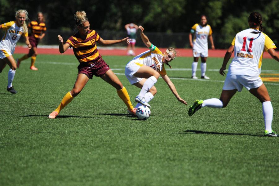Senior Jessica Reyes fights for the ball against a player from the University of Minnesota on Sunday, Sept. 1, at the Cyclone Sports Complex.