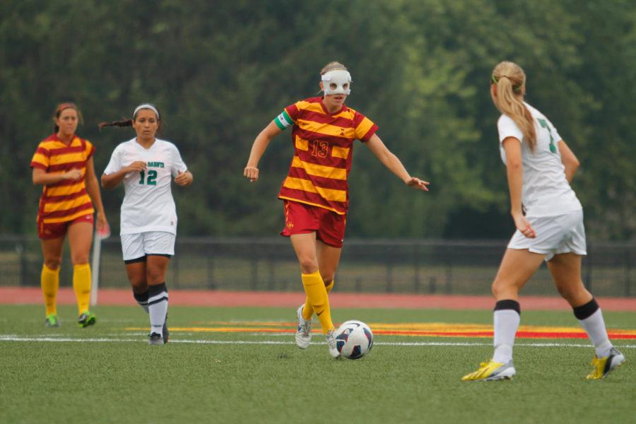 No. 13 senior defender Jessica Reyes advances the ball up the right wing during Iowa States 4-0 rout of North Dakota on Sept. 8 at the Cyclone Sports Complex.