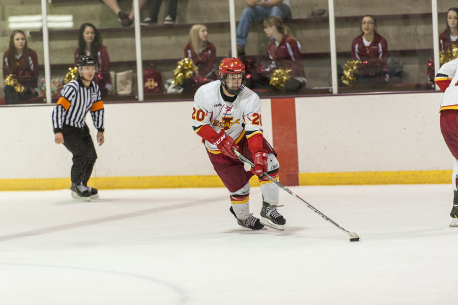 No. 20 Chase Rey controls the puck. Iowa State beat Waldorf Warriors 5-1 at the ISU/Ames Ice Arena on Sept. 14.