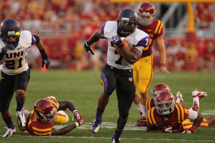 UNI junior running back David Johnson breaks a tackle for a touchdown against Iowa State on Saturday, Aug. 31, 2013, at Jack Trice Stadium. The Panthers upset the higher division Cyclones 28-20.
