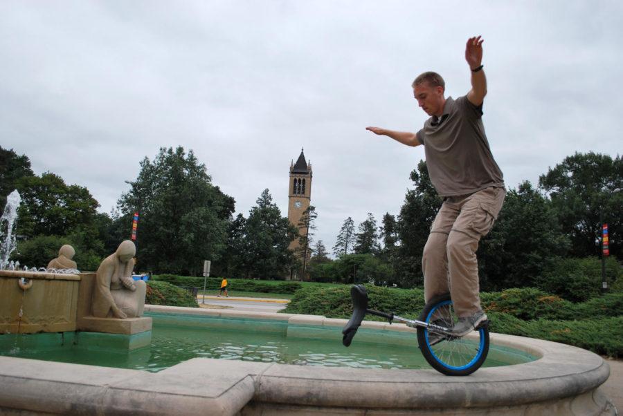 Matt Sindelar shows off his tricks by riding around the Fountain of the Four Seasons. In 2008, Sindelar took his skills to Denmark where he participated in and won the World Unicycling Convention and Championships.