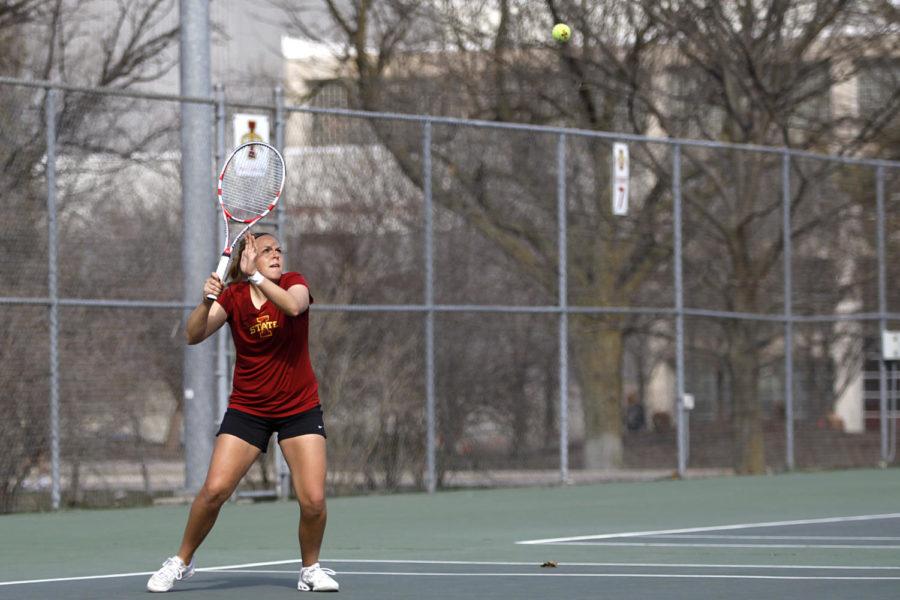 Ksenia Pronina zeros in on the ball during Iowa States loss against Oklahoma 4-3 on Friday, April 5, 2013, at Forker Courts.

