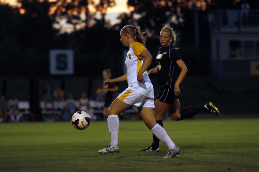 Redshirt junior midfielder No. 3 Susie Potterveld breaks away from an Iowa player during the Iowa game on Friday, Sept. 6, 2013 at the Iowa Soccer Complex in Iowa City. The Cyclones loss to the Hawkeyes 3-0. 