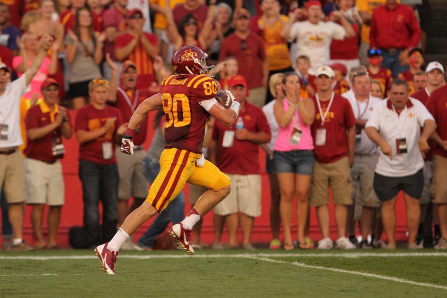 Redshirt senior wide receiver Justin Coleman runs ahead of the pack to score a touchdown for the Cyclones on Saturday, Aug. 31, at Jack Trice Stadium. The Cyclones fell 20-28 to the Panthers.