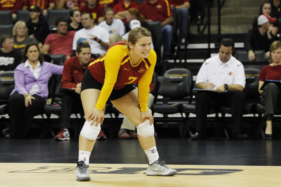 Sophomore Caitlin Nolan prepares for the ball to be served in the match against Iowa at Carver-Hawkeye Arena on Sept. 21, 2013. Nolan had eight digs in the 25-11, 27-29, 25-23, 25-20 victory.