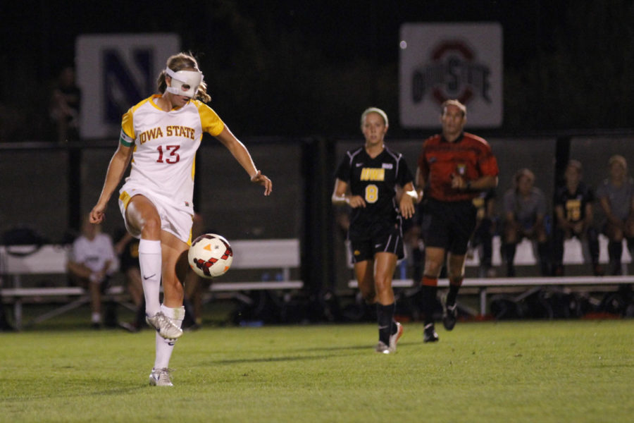 No. 13 senior defender Jessica Reyes traps a ball during Iowa States 3-0 loss to Iowa on Sept. 6 at the Iowa Soccer Complex in Iowa City.