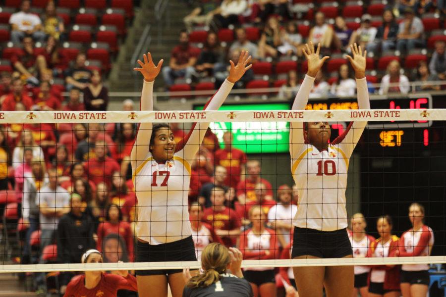 Senior+Tenisha+Matlock+and+junior+Victoria+Hurtt+go+for+a+block+against+Baylor+on+Sept.+28+at+Hilton+Coliseum.+The+Cyclones+defeated+the+Bears+3-0.