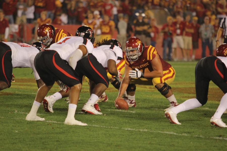 Offensive lineman Tom Farniok gets ready to punt the ball during the game against Texas Tech on Saturday, Sept. 29, at Jack Trice Stadium. Cyclones lost 24-13. 
