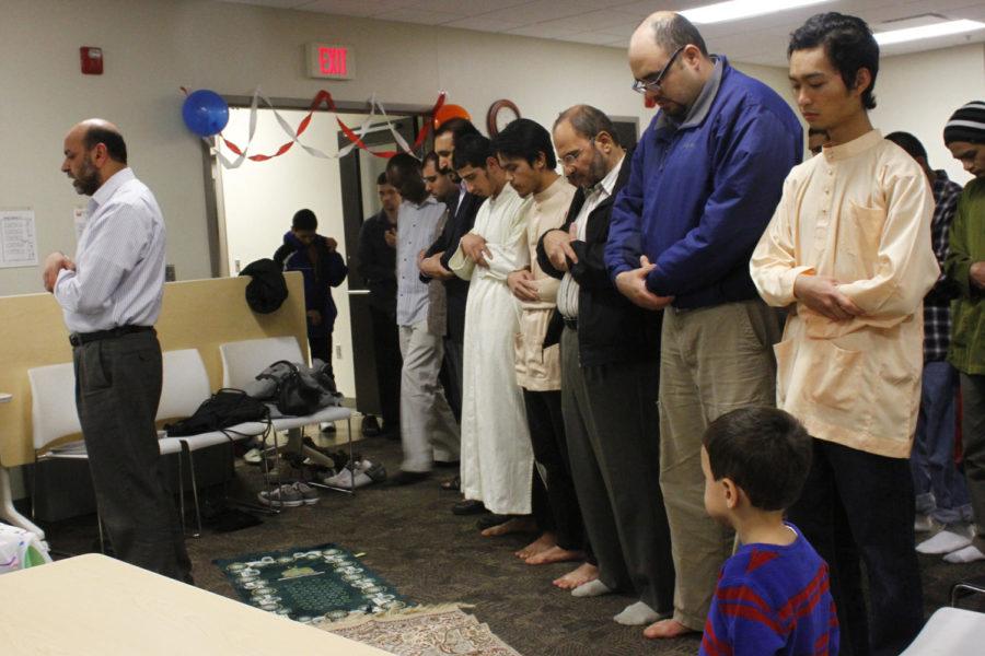 Muslims pray Maghrib, the evening prayer, before eating in the SUV community center on Friday, Oct. 18. Muslims pray at five specific times throughout the day.