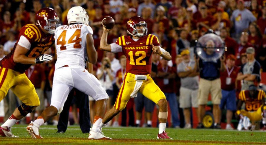 ISU redshirt sophomore quarterback Sam Richardson stands in the pocket and rifles a pass during the Cyclones 31-30 loss to the Texas Longhorns on Oct. 3 at Jack Trice Stadium.