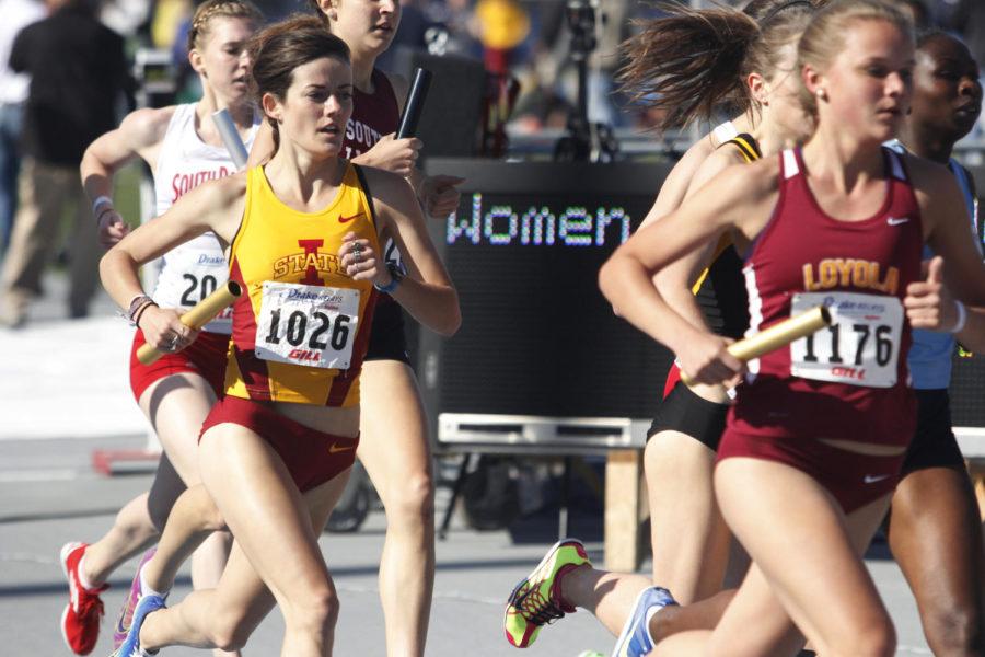 Redshirt sophomore Margaret Gannon runs middle of the pack in her leg of the womens 4X1600 relay at the Drake Relays on April 25, 2013, at Drake Stadium. The relay finished in first place, giving the Cyclones their first win of the Drake Relays with a time of 19:16.69.