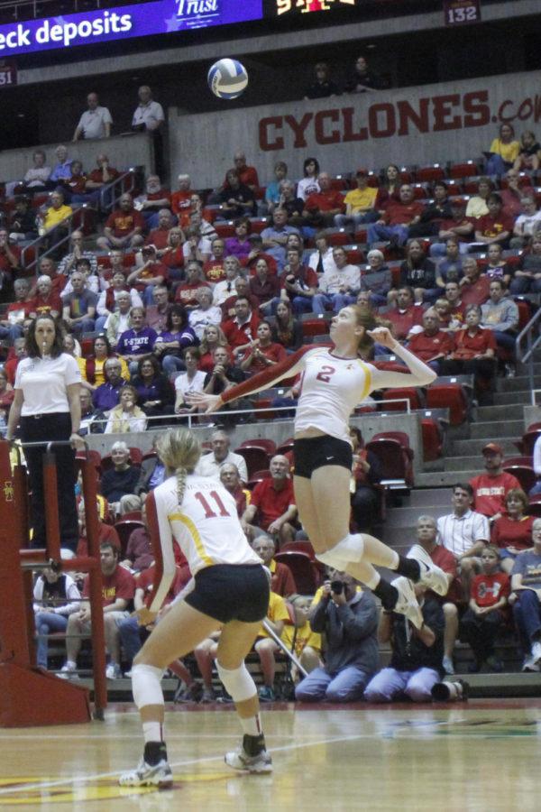 Junior Mackenzie BigbeeCQ goes up for the spike against Kansas State on Wednesday at Hilton Coliseum. Bigbee ended the match with nine successful kills in the 26-24, 25-19, 25-18 victory.