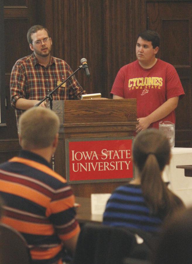 Nathan Vos, left, and Zach Bauer, members of the Government of the Student Body, spoke to the Graduate and Professional Student Senate on Sept. 30 in the South Ballroom at the Memorial Union to gain support and partnership to help promote the GSB and GPSS at Iowa State.