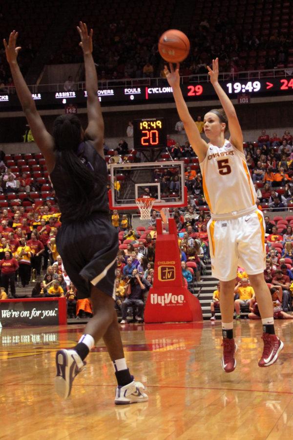 Junior forward Hallie Christofferson shoots a 3-pointer against TCU on Jan. 12, 2013, at Hilton Coliseum.  Christofferson led the Cyclones with four three-pointers in the 68-52 victory.
