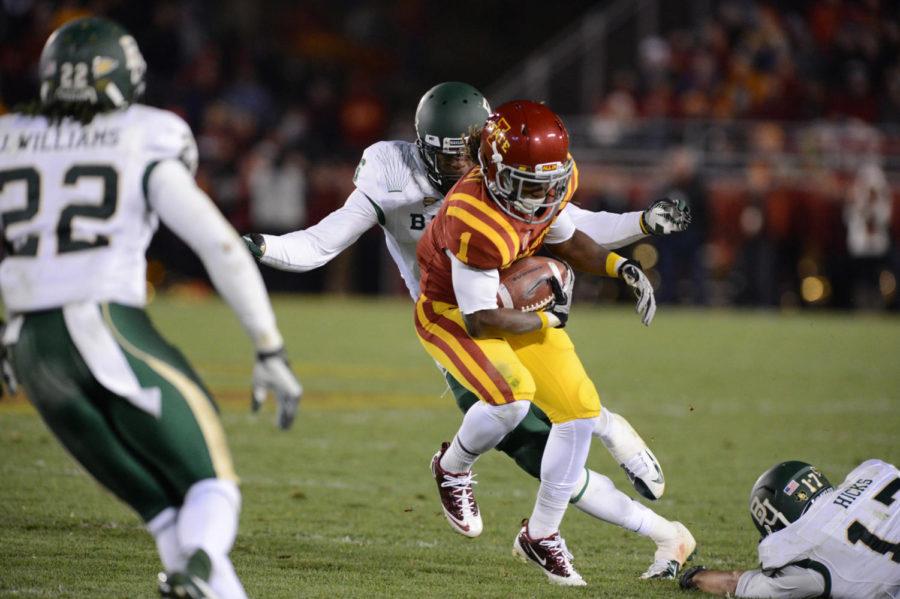 Wide receiver Jarvis West runs the ball in the game against Baylor on Saturday, Oct. 27, at Jack Trice Stadium. West had 99 receiving yards and two towndowns in the 35-21 victory.
