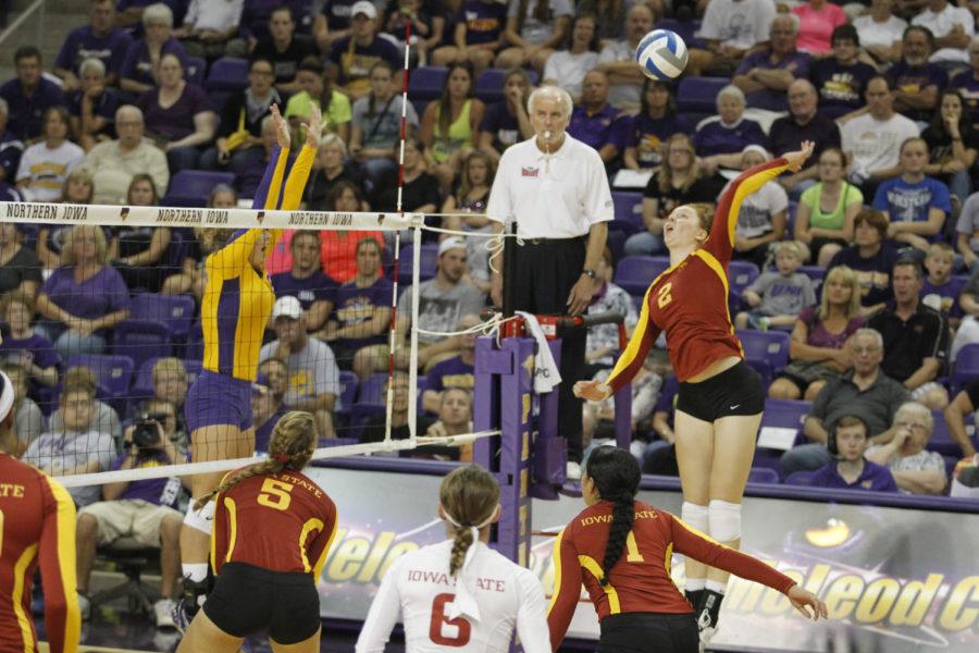 No. 2 sophomore right setter Mackenzie Bigbee spikes the ball at UNIs defense during Iowa States 3-2 win over the Panthers on Sept. 4 at the McLeod Center in Cedar Falls.