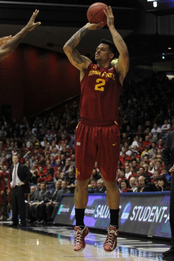 ISU redshirt senior Chris Babb attempts a 3-pointer against Ohio State in the third-round game of the NCAA tournament on March 24, 2013, at the University of Dayton Arena.  Babb was later injured and did not play the second half finishing his Cyclone career on the bench in the 75-78 defeat.
