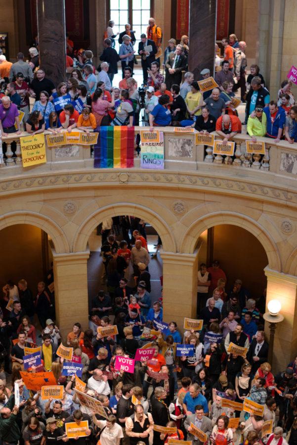 Same-sex marriage supporters and protesters demonstrate at the Minnesota state capitol in May 2013 during the state senate debates on a gay marriage bill.
