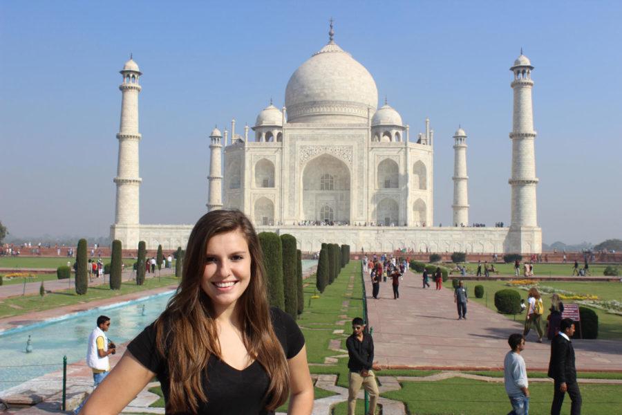 Krista York poses in front of the Taj Mahal in Agra, India, during her Semester at Sea