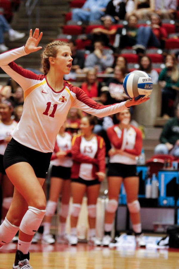 Freshman+outside+hitter+Ciara+Capezio+prepares+to+serve+during+Iowa+States+3-2+victory+over+Texas+Tech+on+Oct.+30+at+Hilton+Coliseum.