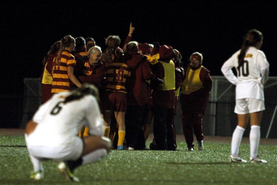 ISU women's soccer team celebrates after No. 10 senior midfielder Emily Goldstein broke the tie and scored the game-winning goal during ISU's 1-0 win against Baylor on Oct. 18 at the Cyclone Sports Complex.