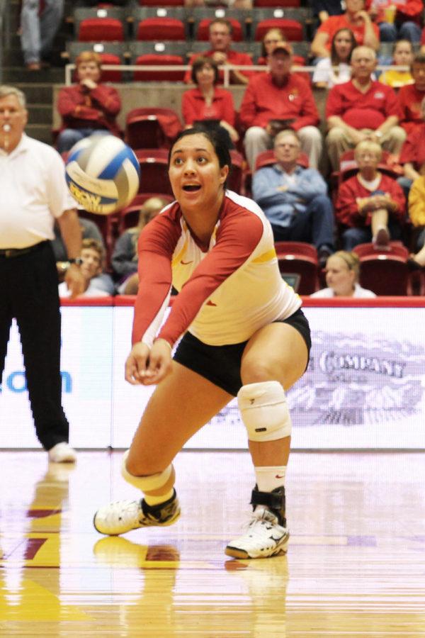 Sophomore Jenelle Hudson digs during the match against Baylor on Sept. 28 at Hilton Coliseum. The Cyclones beat the Bears 3-0.