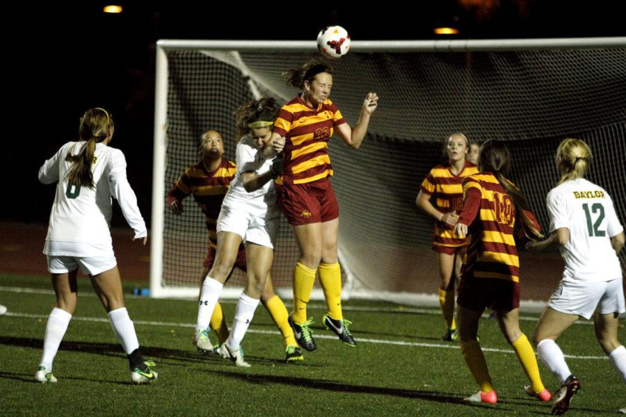 No.+33%2C+ISU+sophomore+midfielder+Haley+Albert%2C+heads+the+ball+during+the+1-0+win+against+Baylor+on+Oct.+18+at+the+Cyclone+Sports+Complex.