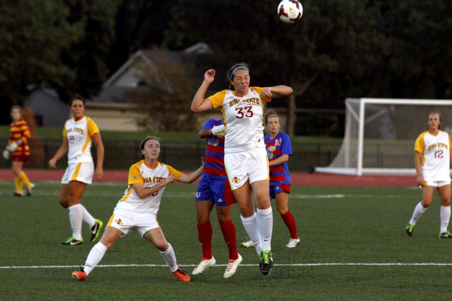 No.+33+sophomore+midfielder+Haley+Albert+headers+away+a+Kansas+cross%C2%A0during+Iowa+States+0-0+double+overtime+tie+with+the+Jayhawks+on+Oct.+4+at+the+Cyclone+Sports+Complex.