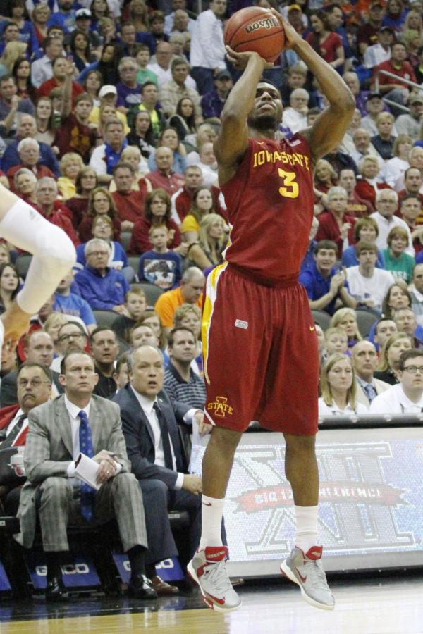 Junior Melvin Ejim attempts a 3-pointer against Kansas in the semifinals of the Big 12 tournament at the Sprint Center on March 15, 2013.  The Cyclones went 27 percent beyond the arc in the 73-88 loss.
