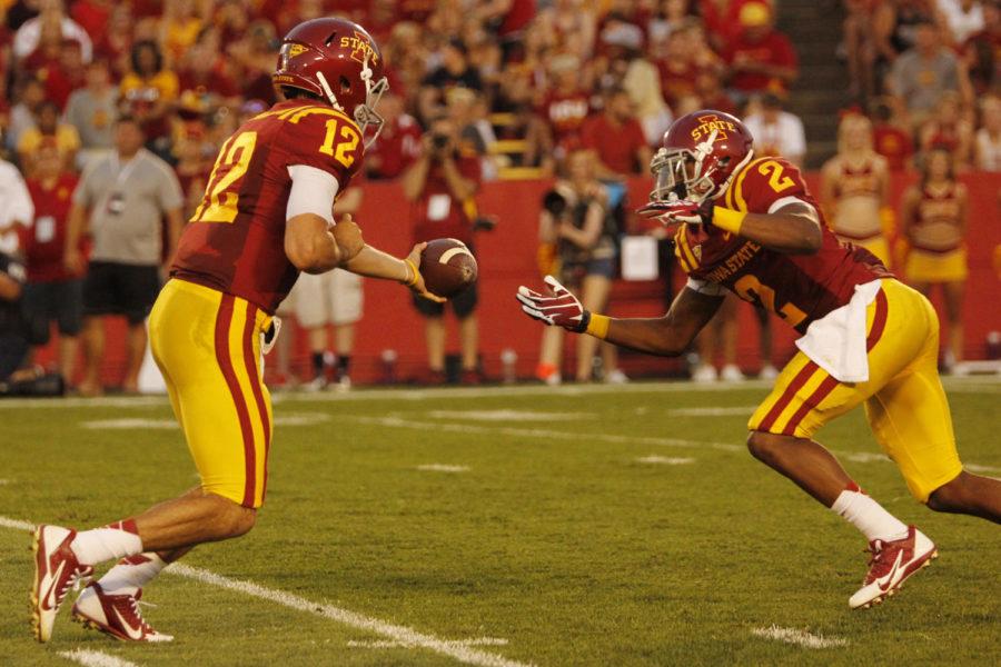 Redshirt sophomore quarterback Sam Richardson hands the ball off to junior running back Aaron Wimberly against Northern Iowa on Saturday, Aug. 31, at Jack Trice Stadium. The Cyclones fell to their instate competition 20-28.