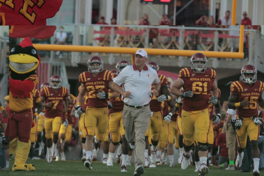 Coach Paul Rhoads leads his players run through the tunnel before the game against Texas Tech on Saturday, Sept. 29, at Jack Trice Stadium. Cyclones lost 24-13. 
