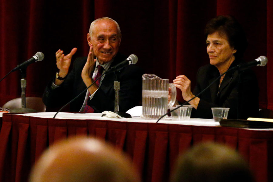 Former U.S. Reps. Edward Mezvinsky, left, who represented Iowa’s 1st District, and Elizabeth Holtzman, of New York, discuss the results and lessons learned from the Watergate scandal.